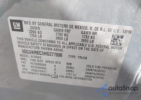 2017 Chevrolet Silverado 1500 1Lt from USA, damaged, VIN 3GCUKREC3HG277896